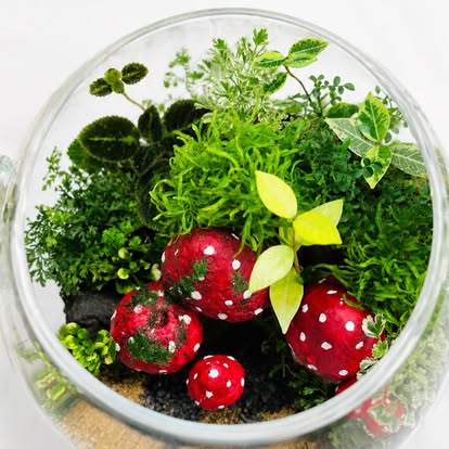 Detail of moss and miniature mushroom decorations